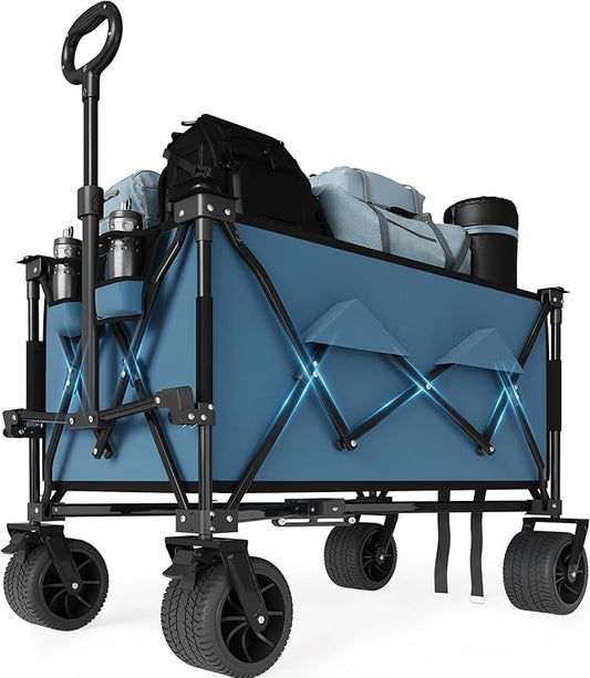 Heavy Duty Foldable Wagon for Beach, Extra Large Collapsible Foldable Wagon for Camping, All Terrain Beach Wagons Extended with Cup Holders for Sand