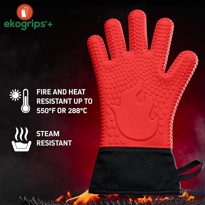 Ekogrips+ Premium Silicone Oven Mitts - Comfy, Waterproof, Heat Resistant BBQ Gloves for Grilling, Long Cuff for Added Protection, 5 Finger Dexterity, 3 Sizes, 4 Colors, L/XL, Red
