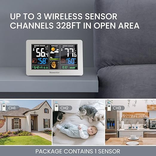 Newentor Weather Station Wireless Indoor Outdoor Thermometer, Color Display Digital Weather Thermometer with Atomic Clock, Barometric Pressure, Forecast Station with Adjustable Backlight, White