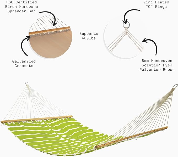 Fab Habitat Tropical Leaf Recycled Polyester Hammock - Hilo - Green - Indoor/Outdoor, Quick Dry, 2 Person 460 lbs Capacity - Patio, Poolside, Backyard - 12-14 ft Adjustable