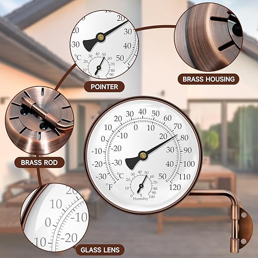 4" Brass Swivel Thermometer Indoor Outdoor Thermometer, Outside Decorative Weather Thermometer Hygrometer for Kitchen Window, Patio, Greenhouse