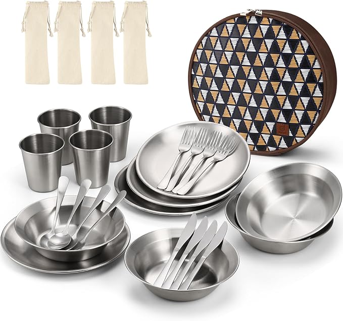 Odoland Camping Complete Messware Kit, Polished Stainless Steel Camp Dinnerware, Camping Cooking Tableware, Cutlery Organizer Utensil with Plates and Bowls Set for Backpacking, Hiking, Picnic Picnic.