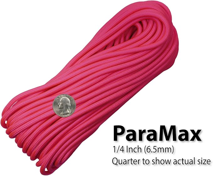 1/4" ParaMax Paracord 100 ft – 1000 lb Type IV Rope for Dog Leashes, Camping, Kayak Anchor - Made in USA - Neon Pink