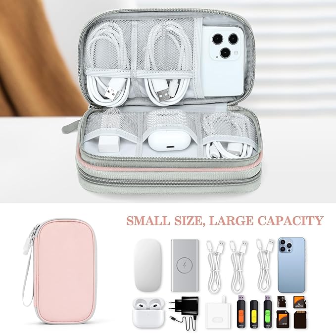 FYY Electronic Organizer, Travel Cable Organizer Bag Pouch Electronic Accessories Carry Case Portable Waterproof Double Layers All-in-One Storage Bag for Cable, Cord, Phone, Earphone-Light Pink
