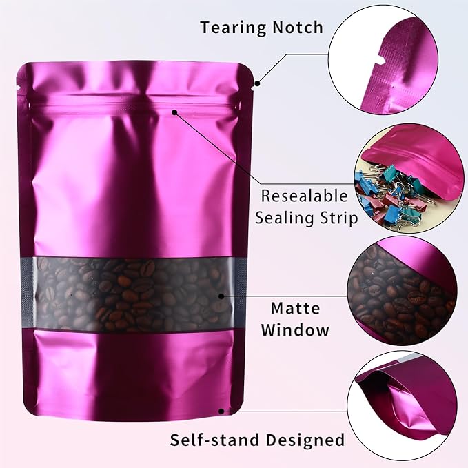 200 Pcs Mylar Bags for Food Storage 5x8 Mylar Bag with Window, Foil Stand Up Resealable Bags for Food, Smell Proof Bag Freeze Dried Candy Packaging Sealable Pouch Jewelry Bracelet Pouch