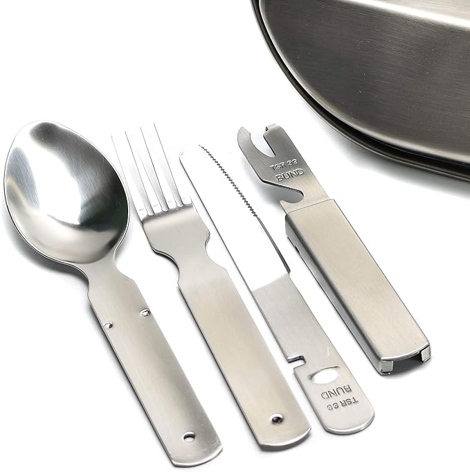 German cutlery set 4 pieces Eating utensils military style spoon fork knife kit flatware multi-tool Camping bottle can opener stainless steel NEW