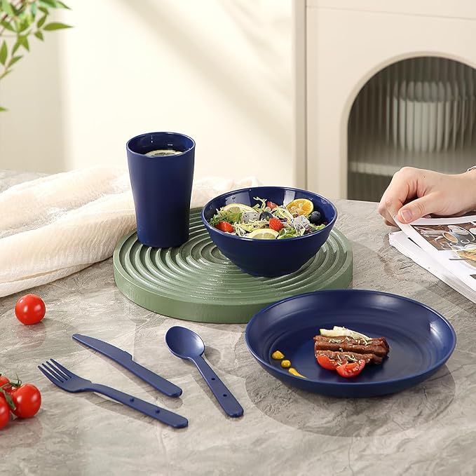 Camping Mess Kit for 2 with Bowl, Plate, Cup, Spoon, Fork, Knife and Carry Bag, Plastic Camping Accessories Essentials Gear for Couple Travel, Picnic, Outdoor, Easy to Carry