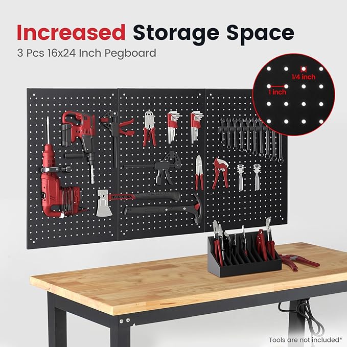48 Inch Work Table for Garage Adjustable Height Rubber Wood Tabletop Workbench with Storage Work Bench Table with Power Outlets Pegboard Pad for Woodworking Shop Home Office
