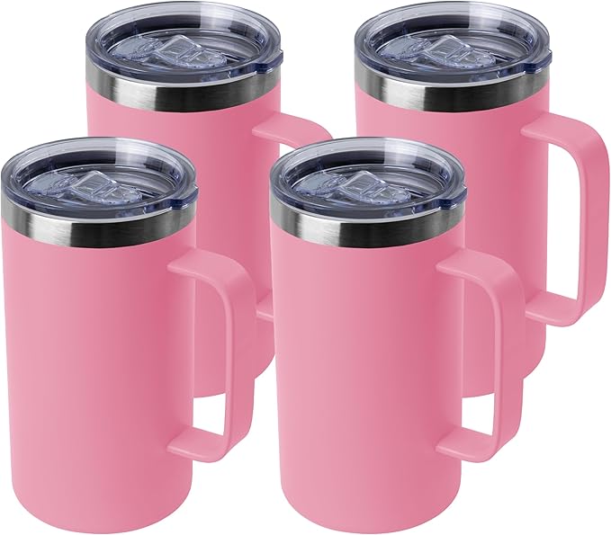 DOMICARE 24oz Mug with Handle and Lid, Stainless Steel Coffee Mug, Travel Mug with Handle, Double Wall Vacuum Coffee Tumbler, Reusable Insulated Cup, Pink, Pack 4