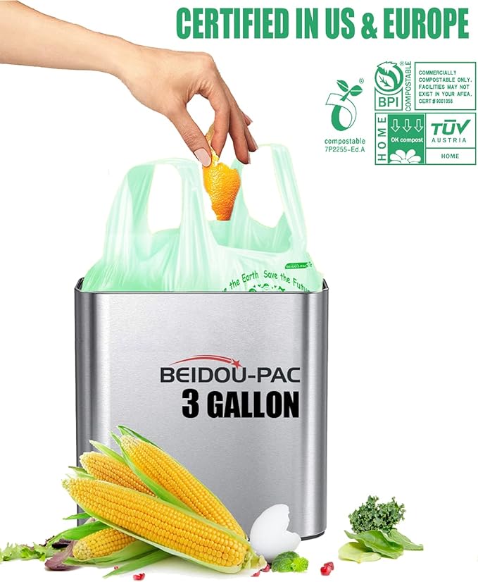 100% Compostable Trash Bags, 3 Gallon Compost Bags Small Kitchen Trash Bags with Handle, 200 Count Sturdy Biodegradable Garbage Bags Food Scrap Waste Bags, ASTM D6400, US BPI Certified