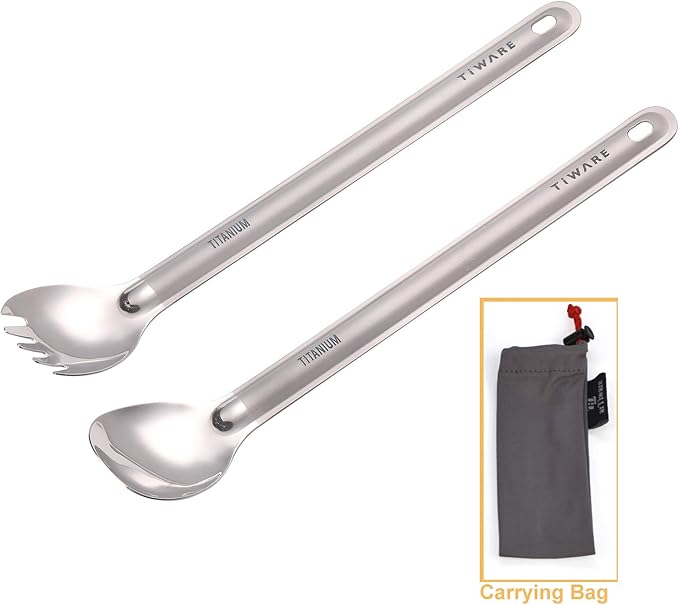 Lot of 2 Titanium Long Handle Spoon & Spork (2 in 1 spoon & fork) Outdoor Ultralight Portable Stirring/Mixing Cookware Polished bowl Flatware for Kitchen Camping Hiking Traveling w. Storage bag
