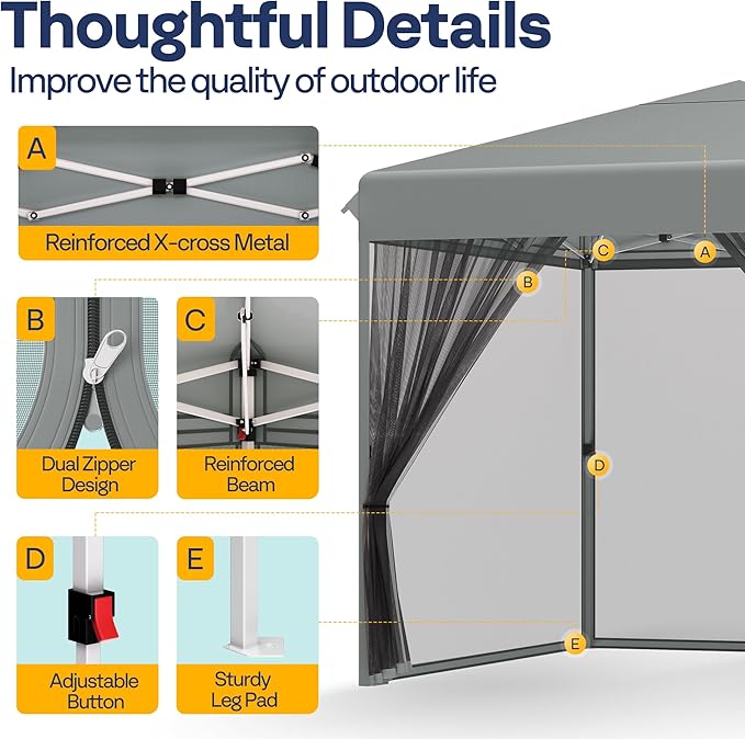VIVOHOME 10x10ft Easy Pop-Up Canopy, Outdoor Screen Tent with Mosquito Netting, 2 Zipper Doors, and Roller Bag for Yard Camping Picnic Party Events, Grey