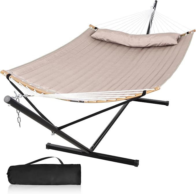 Double Hammock with 12 FT Stand, 2 Person Curved Bar Hammock with Stand, Pillow and Portable Carrying Bag, Heavy Duty 450lbs Capacity, Tan