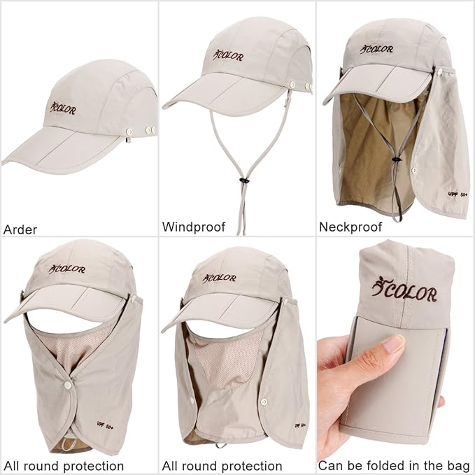icolor Sun Hats for Men Women with Neck Flap,Foldable Sun Cap Fishing Sun Hats,UPF50+ Sun Protection Ponytail Hats