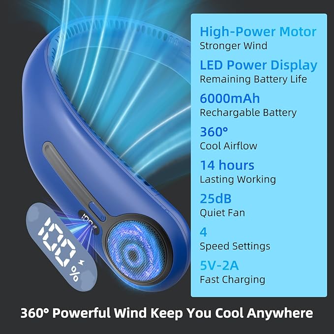 Portable Neck Fan,Gift Ideas,Personal Wearable Bladeless Fan,360° Cooling,LED Display,4-Speeds,6000mAh Rechargeable,Powerful Wind,Outdoor Travel Camping,Birthday Gifts for Men Women Dad Mom (Navy)