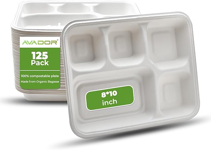 AVADOR® Compostable Tableware 100% Eco-Friendly & Biodegradable Dinnerware Eco-Conscious, Disposable, and 100% Biodegradable (5 Compartment Tray Pack of 125)