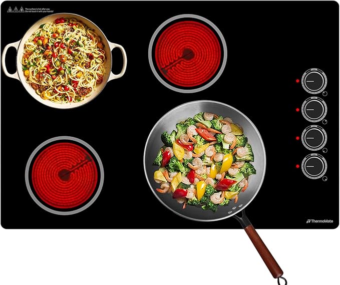 ThermoMate 30 Inch Electric Cooktop, 4 Burners Knob Control Built-in Ceramic Cooktop, 30" Radiant Electric Stove Top of 6700W with 9 Heat Levels, Hot Surface Indicator, 220-240v, Hard Wired