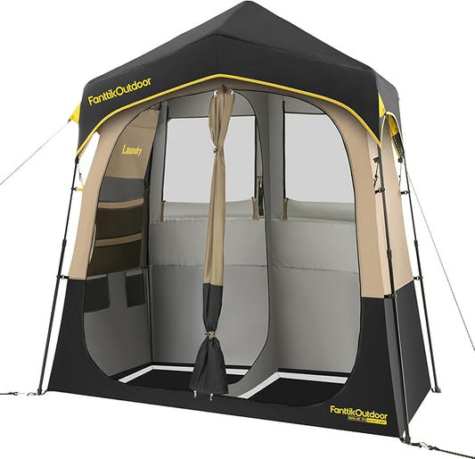 FanttikOutdoor Zeta A2 Pro Shower Tent 2 Rooms, Instant Setup in 60 Seconds with Rainfly & Windproof, Portable with Carry Bag for Family Camping, Privacy Shelters Upgraded Ventilation