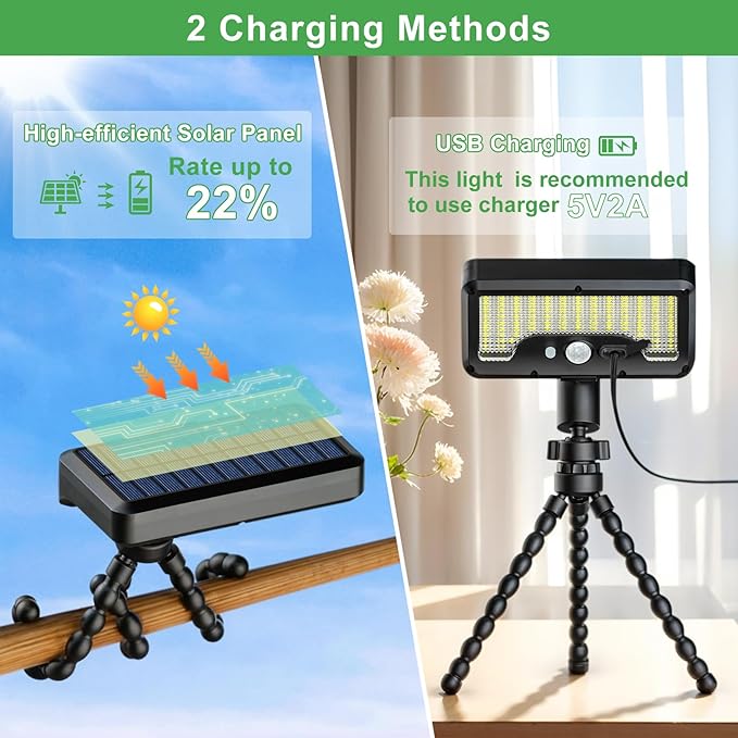 Tryme 92 LED Solar Lights Outdoor with Motion Sensor, Octopus Stand, Adjustable Angle, USB & Solar Powered, Optical Diffuser Lens, 3 Modes, IP65 Waterproof Fence Lights for Garden, Gate (1 Pack)