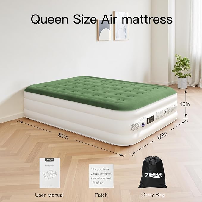 2025 Upgraded Queen Air Mattress with Built in Pump，16'' Comfort Blow up Mattress, Quiet Surface Portable Inflatable Mattress, Air Bed with Storage Bag for Guests, Home, Camping, 660 lbs Max