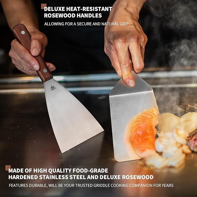 GRILLGEN 6-Piece Professional Griddle Accessories Kit for Griddle Cooking, Premium Rosewood Handles Spatulas Set with Scraper, Santoku Knife, Carving Fork, Storage Bag, Flat Top Grill Accessories