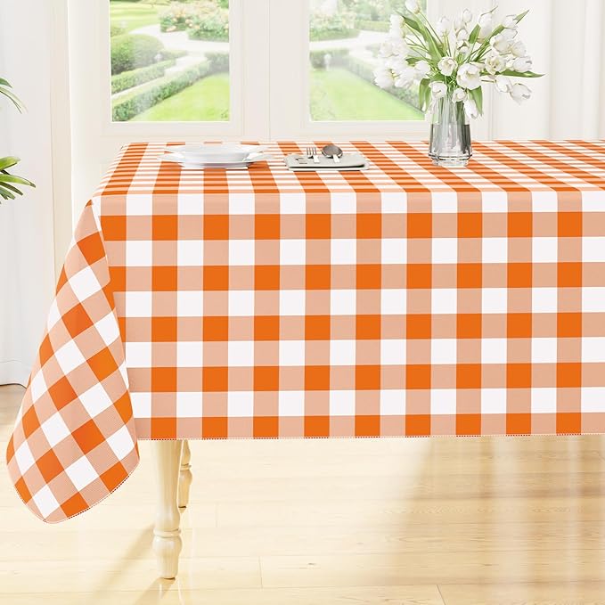 Smiry Rectangle Table Cloth, Waterproof Vinyl Tablecloths with Flannel Backing, Wipeable Buffalo Plaid Table Cover for Dining, Indoor and Outdoor (Orange & White, 60"x84")
