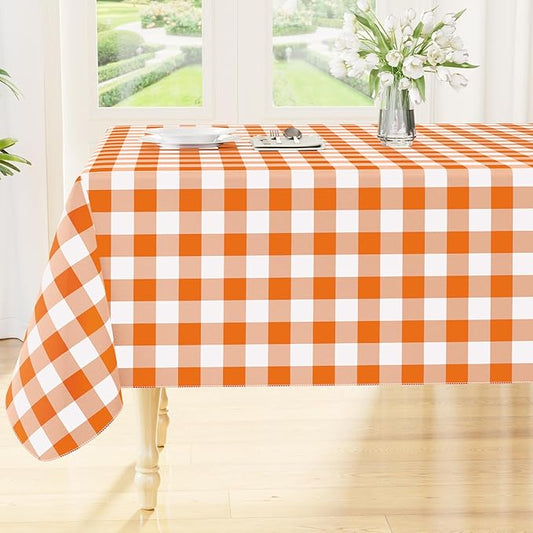 Smiry Rectangle Table Cloth, Waterproof Vinyl Tablecloth with Flannel Backing, Wipeable Buffalo Plaid Table Cover for Dining, Indoor and Outdoor (Orange & White, 60"x120")
