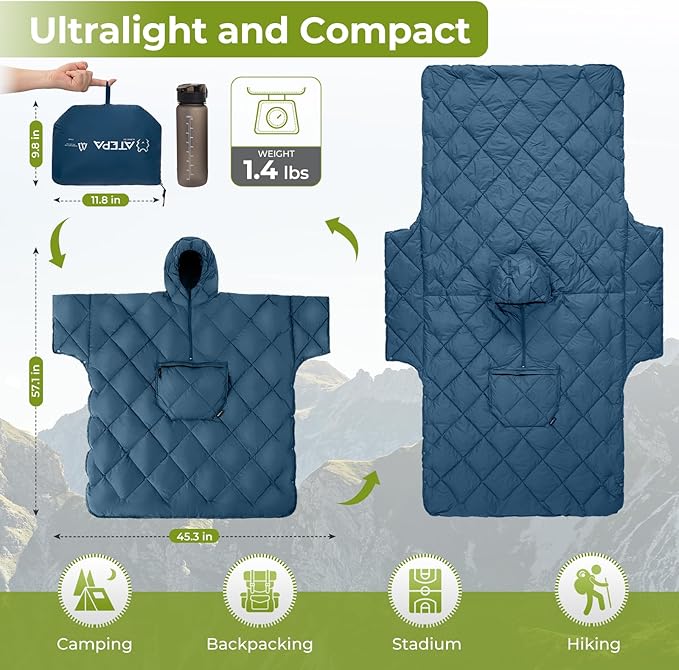 ATEPA Wearable Sleeping Bag, Recycled Warm Camping Wearable Blanket Poncho for Outdoor Sports, Camping Gifts for Women Men