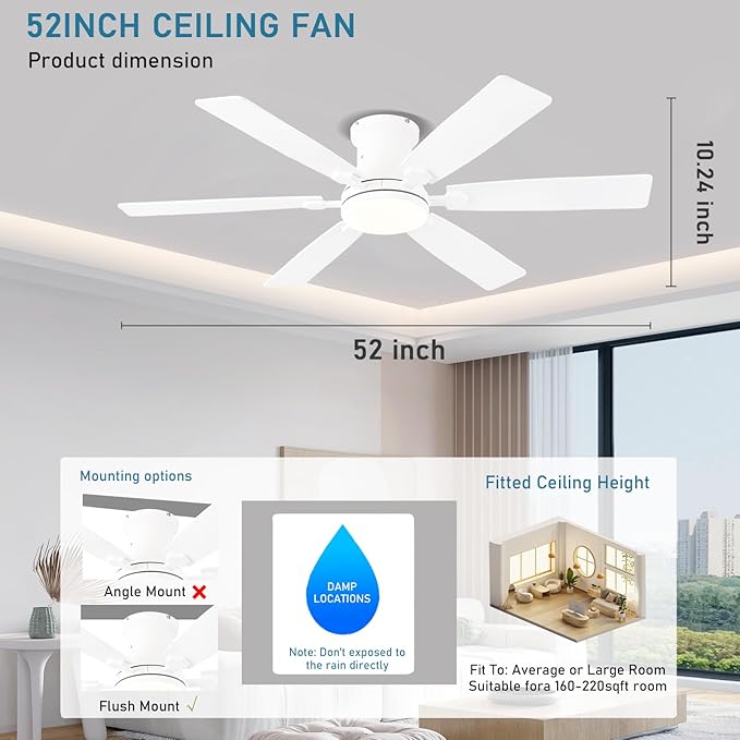 52inch Low Profile Ceiling Fan with Light and Remote/APP Control, LED Dimmable DC ReversibleModern, Flush Mount,6 Blade,White Ceiling Fan for Bedroom Living Room/Outdoor Use