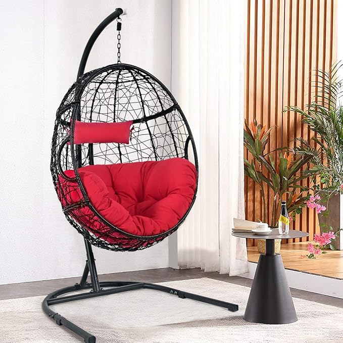 Giantex Hanging Egg Chair, Swing Chair with C-Hammock Stand Set, Hammock Chair with Soft Seat Cushion & Pillow, Multifunctional Hanging Chairs for Outdoor Indoor Bedroom (Red)