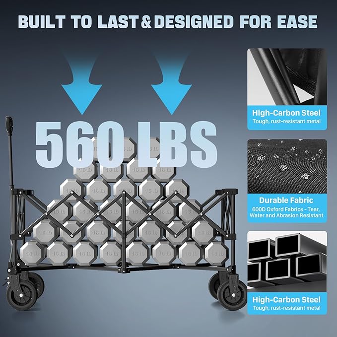 48″ Extra-Large Folding Wagon Cart, 560LBS Capacity, 350L Heavy Duty Utility Cart with Brakes, All-Terrain Wheels, 600D Oxford Fabric, Foldable Design for Camping, Beach, Travel, Festival