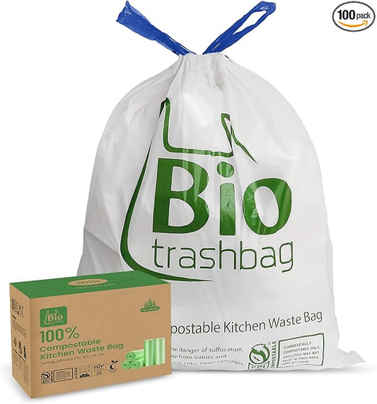 8 Gallon Compostable Trash Bags, 100 Count Drawstring Trash Bags Biodegradable, Heavy Duty Extra Thick Compost Bags, Kitchen Food Scrap Waste Bag, US BPI and OK Compost Home Certified