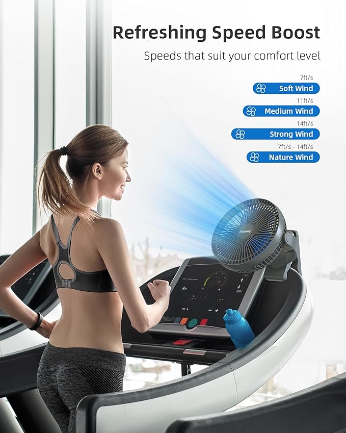 Koonie 10000mAh Rechargeable Portable 8-Inch Clip-on Fan, USB Car Fan 4 Speeds, Sturdy Clamp for Office Desk, Golf Cart, Stroller, Outdoor, Travel, Camping, Tent, Gym, Treadmill