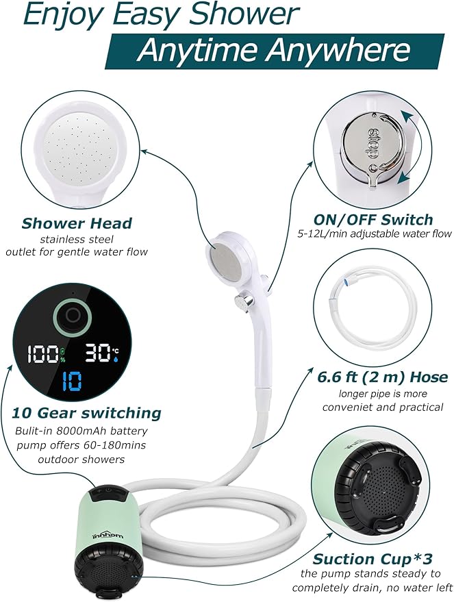 innhom Portable Shower, 8000mAh Rechargeable Camping Shower Pump with LED Display & IPX8 Waterproof, Electric Outdoor Camp Shower, Ideal for Camping, Travel, Car Washing