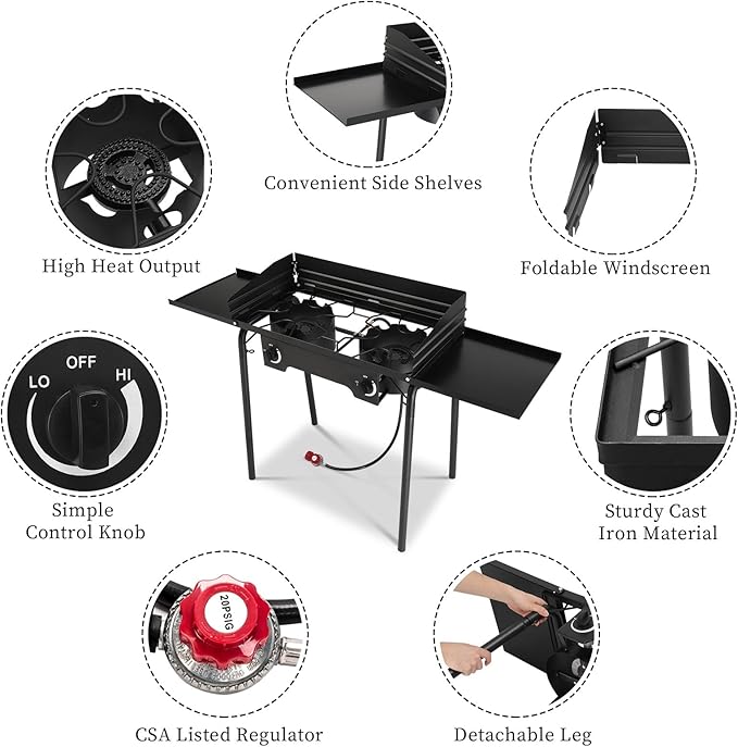 Bonnlo 2 Burners Propane Gas Stove, 150,000 BTU Portable Outdoor Camp Cooker Stove with Regulator, Side Shelves, Foldable Windpanel, Adjustable Height & Carrying Bag for Backyard, Camping, Tailgating
