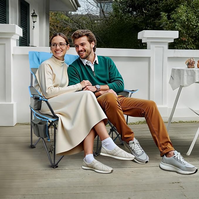 Folding Camping Chair - Oversize Camping Chairs for Adults, 2 Seat Folding Chair Support 650lbs with Pillows & Cup Holders & Cooler Bags- Heavy Duty Chair for Sports Garden Beach Fishing(Bluegray)