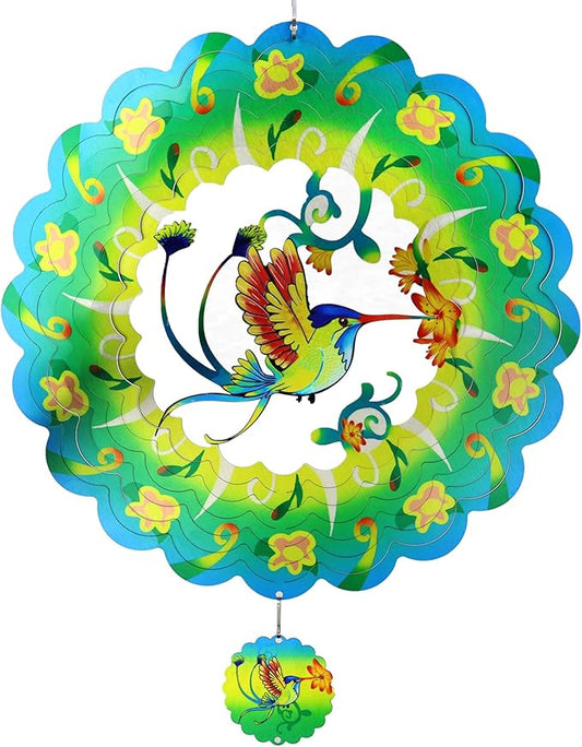 Hummingbird Wind Spinners Garden Yard Decor Gift for Women Men, 12 Inch Outdoor Metal 3D Wind Spinner, Stainless Steel Green Hanging Wind Catchers Kinetic Sculpture for Outside Decoration