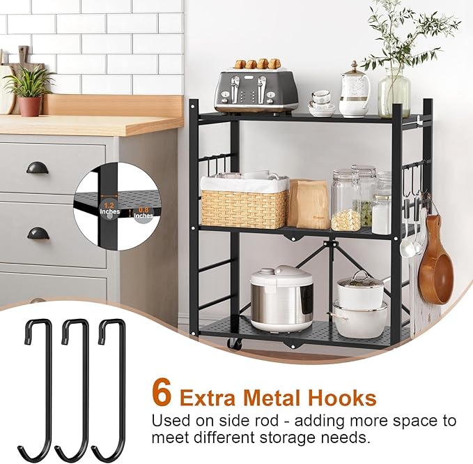 Himix Storage Shelves with 6 Hooks, 3 Tier Foldable Shelf with Wheels, Metal Storage Shelving Unit Rolling Cart, Utility Shelf Rack Organization Shelves for Pantry, Kitchen, Black - No Assembly