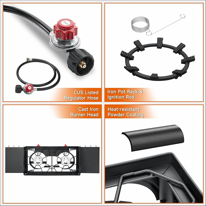 SKOK 2 Burners Portable Propane Stove with Side Shelves & Wind Panel,Portable Camping Stove with 150,000 High Efficiency Propane Burner,Outdoor Stove for Camping, Backyard, Picnic