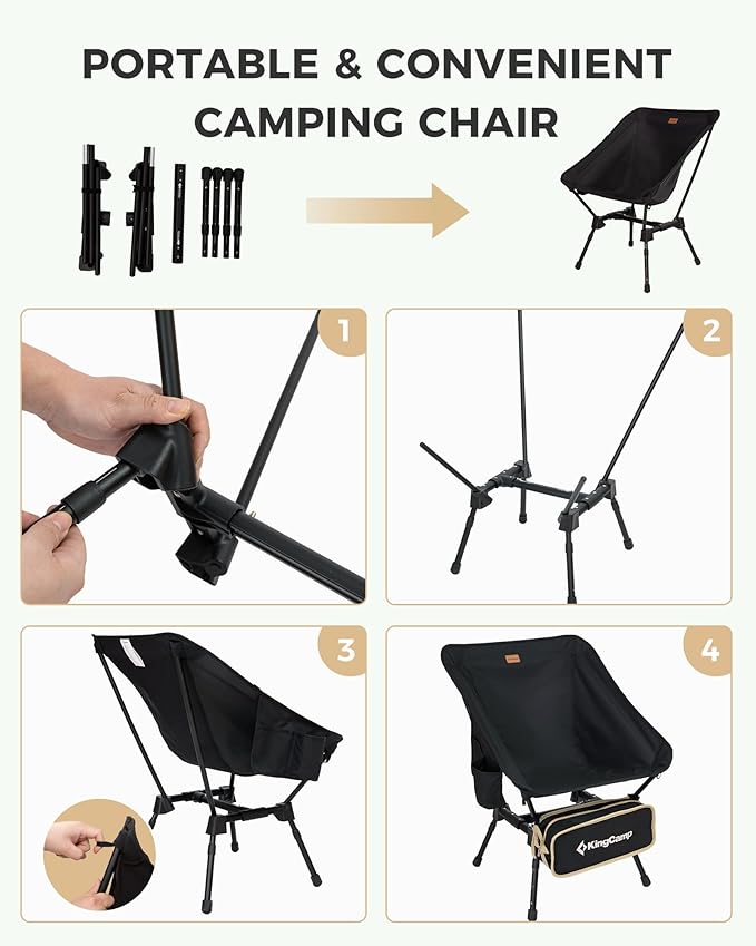 KingCamp Portable Backpacking Chair, 4-Position Adjustable Height Folding Compact Lightweight Camping Chairs with Cup Holders & Carry Bag for Outdoor Camp Hiking Lawn Fishing