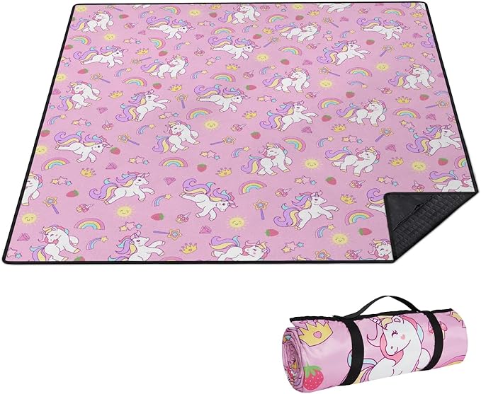 Extra Large Picnic Outdoor Blanket 80''x80'' Pink Unicorn Waterproof and Sandproof Picnic Mat for Beach Foldable Camping Accessories for Grass Lawn Park