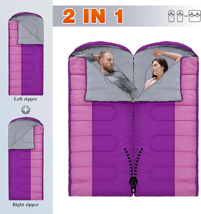 XL 10 Degree Sleeping Bags Waterproof for Adults 350GSM Machine Washable with Compression Sack for 3-4 Season Camping Outdoor