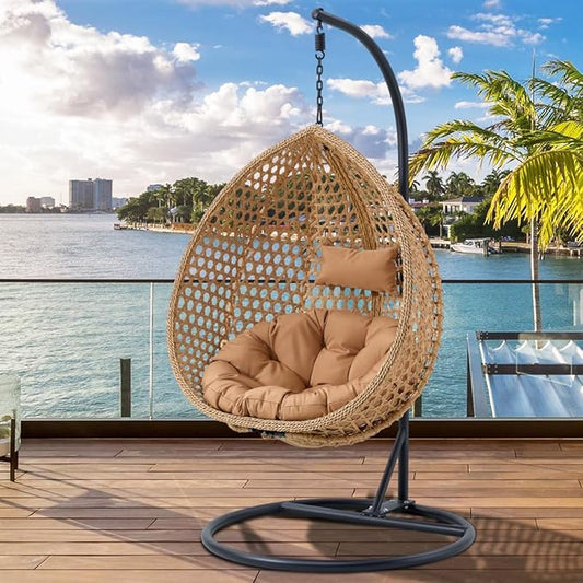 JUFU Egg Swing Chair with Stand,Hanging Egg Chair Indoor Outdoor,Hammock Hanging Basket Chair with Aluminum Steel Frame，Patio Egg Chair with Removable Cushions for Patio Balcony Backyard,Bedrooms