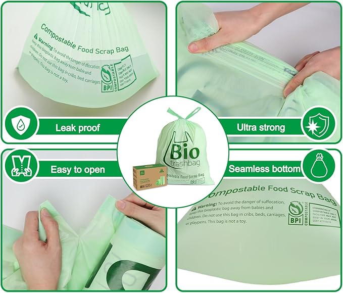 13 Gallon Compostable Trash Bags, Biodegradable Drawstring Compost Food Waste Bags, 50 Count, Heavy Duty 1 Mil, 49.2 Liter, Tall Kitchen Large Garbage Bags, US BPI and Europe OK Compost