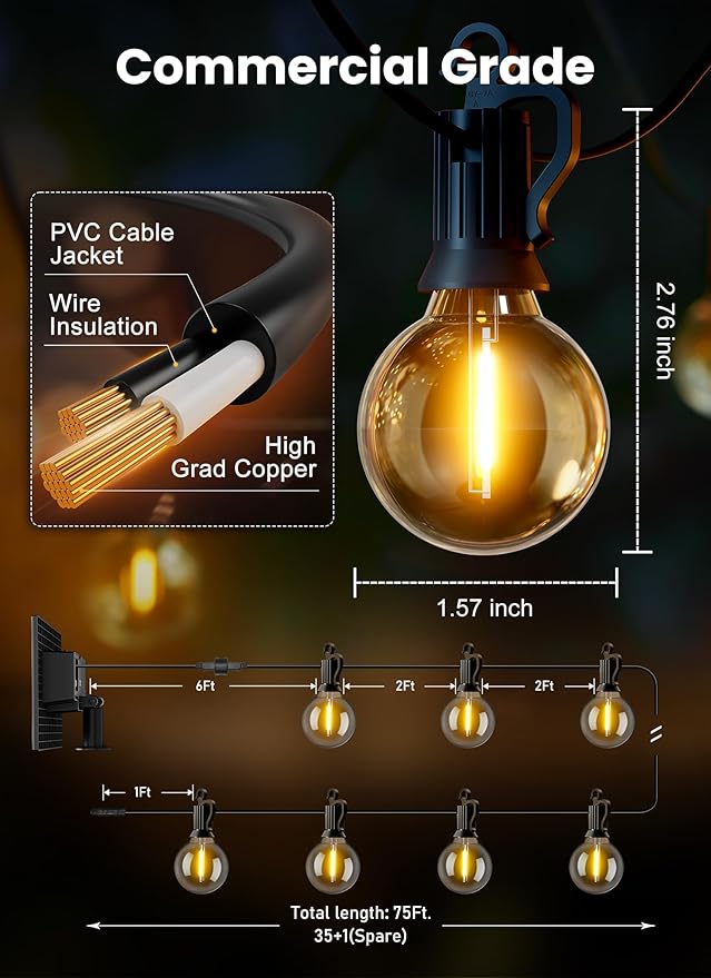 Brightown 75FT Solar String Lights Outdoor with Remote and 36 LED Shatterproof Bulbs, Dimmable & Timable, 3 Light Modes, Solar Patio String Lights Outdoor for Cafe, Garden, Deck, Outside Wedding
