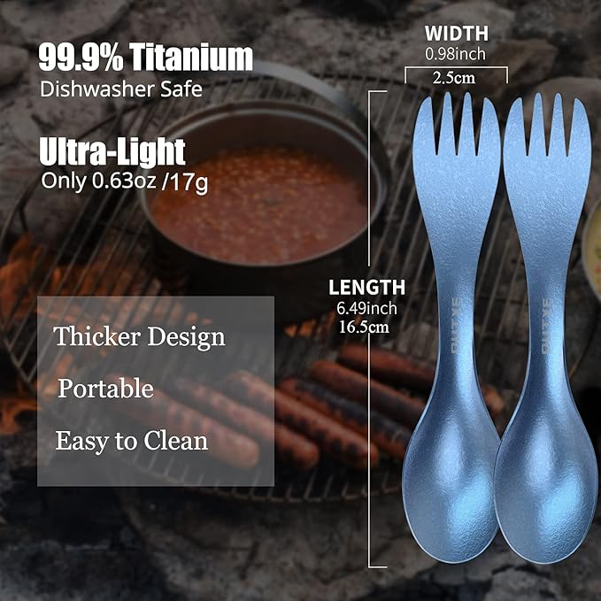 OUTXE 2-Pack Titanium Ultra Lightweight Camping Utensil, Eco-Friendly Spork for Backpacking, Hiking, Outdoors Ice-Crystal Blue.