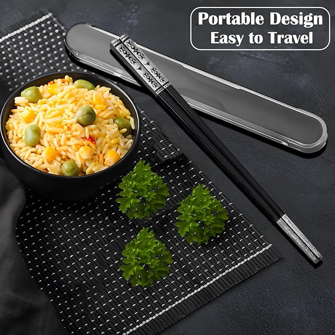 Metal Chopsticks Reusable 1 Pair Stainless Steel Travel Chopsticks Dishwasher Safe Square Lightweight Non-Slip Chop Sticks with case (Black)