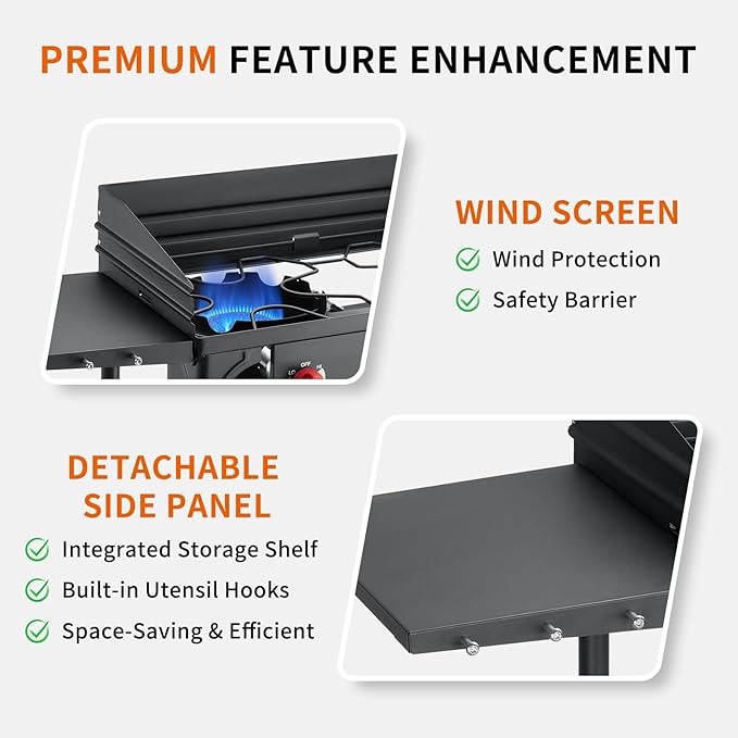 SKOK 2 Burners Portable Propane Stove with Side Shelves & Wind Panel,Portable Camping Stove with 150,000 High Efficiency Propane Burner,Outdoor Stove for Camping, Backyard, Picnic