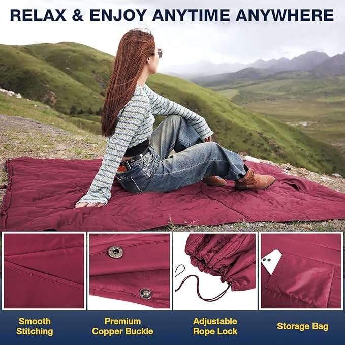 DUKUSEEK Outdoor Wearable Camping Blanket, Large Packable Backpacking Hooded Stadium Blankets, Lightweight Warm Quilt for Picnic, Hiking, Football, 79"X56", Wine Red