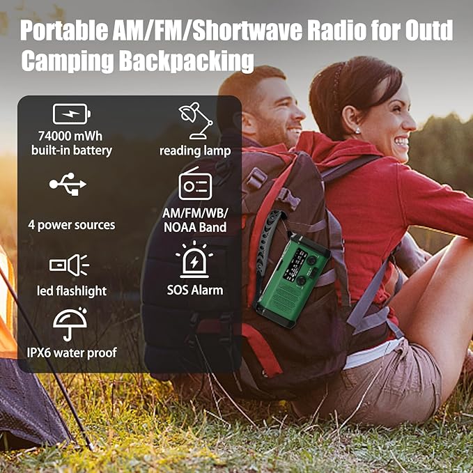Hand Crank Emergency Radio,74000mWhSolar Powered Hand Crank Portable NOAA AM FM Weather Radio with 3Mode Flashlight and Reading Light,Cell Phone Charger,Home and Emergency Distress Signall